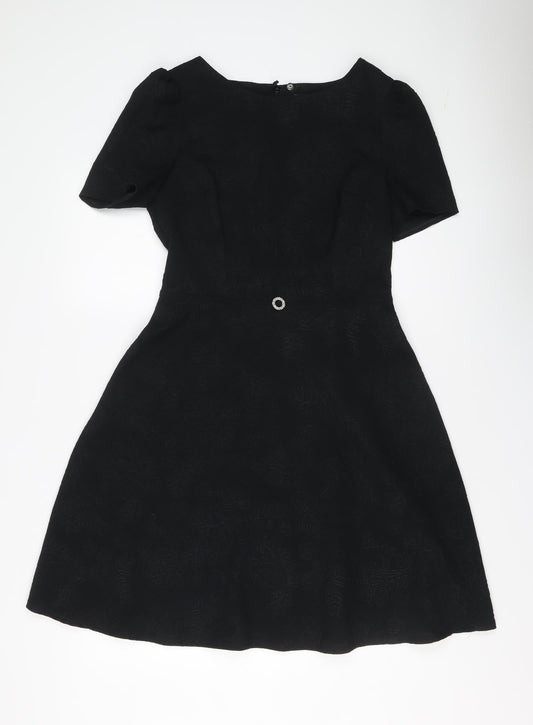 Marks and Spencer Womens Black Geometric Polyester Shift Size 10 Round Neck Zip