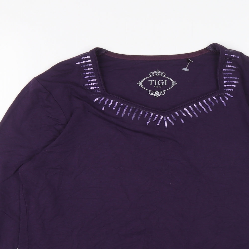 TIGI Womens Purple Viscose Basic Blouse Size 10 Round Neck