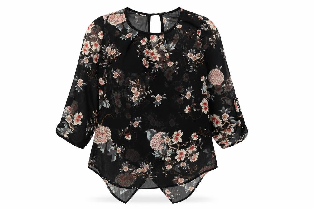 Suzy Shier Womens Black Floral Polyester Basic Blouse Size S Round Neck