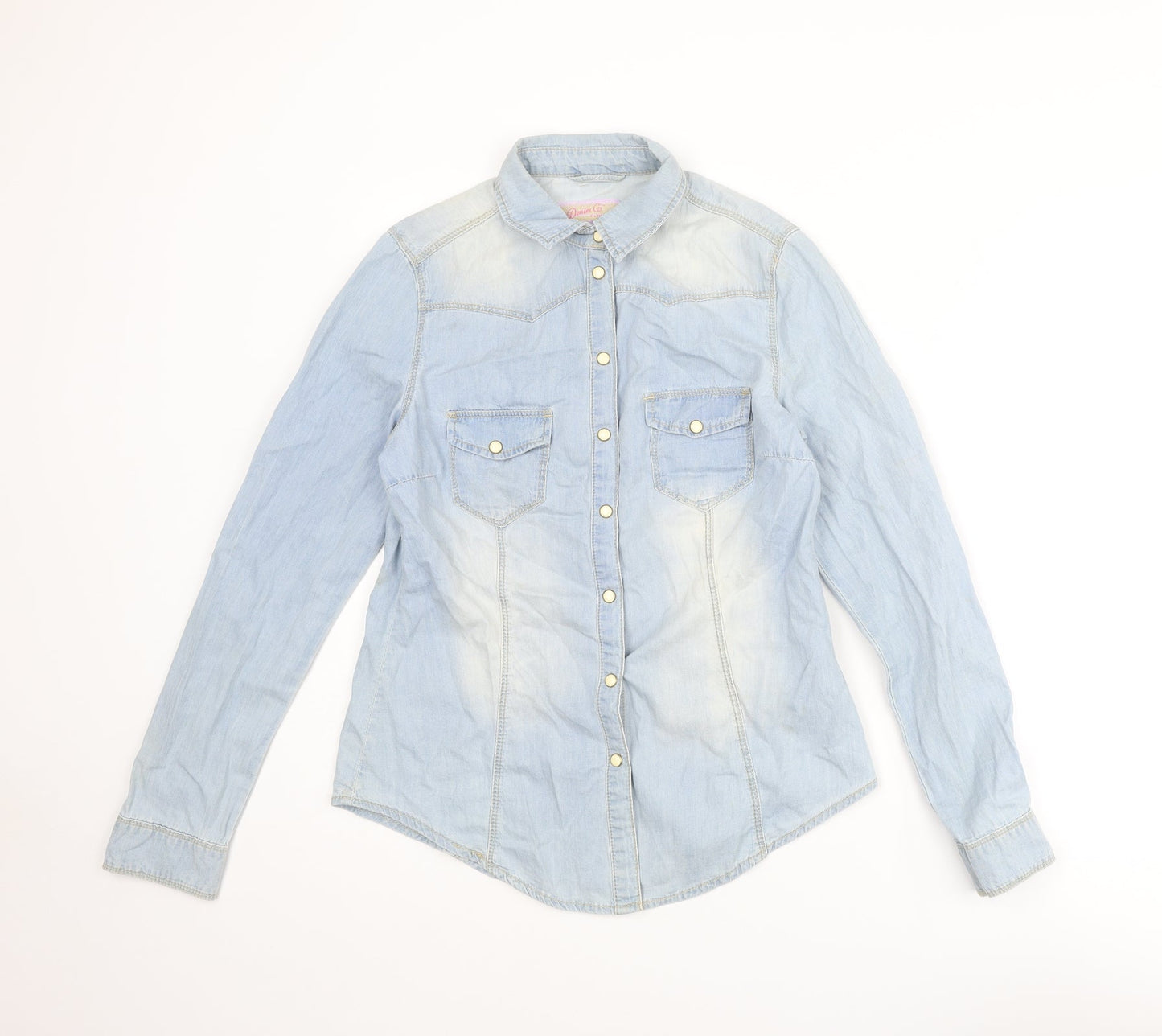 Denim & Co. Womens Blue Cotton Basic Button-Up Size 10 Collared
