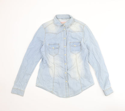 Additional front view of Denim & Co. women’s blue cotton basic button-up, size UK 10, collared