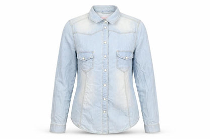 Front view of Denim & Co. women’s blue cotton basic button-up, size UK 10, collared