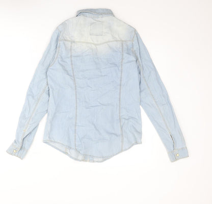 Back view of Denim & Co. women’s blue cotton basic button-up, size UK 10, collared