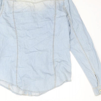 Brand and care label for Denim & Co. women’s blue cotton basic button-up, size UK 10, collared