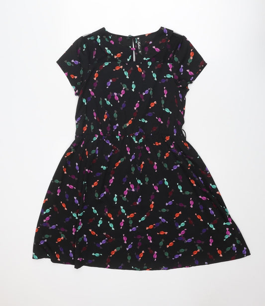 Influence Womens Black Floral Polyester Fit & Flare Size 10 Round Neck Button - Sweet pattern