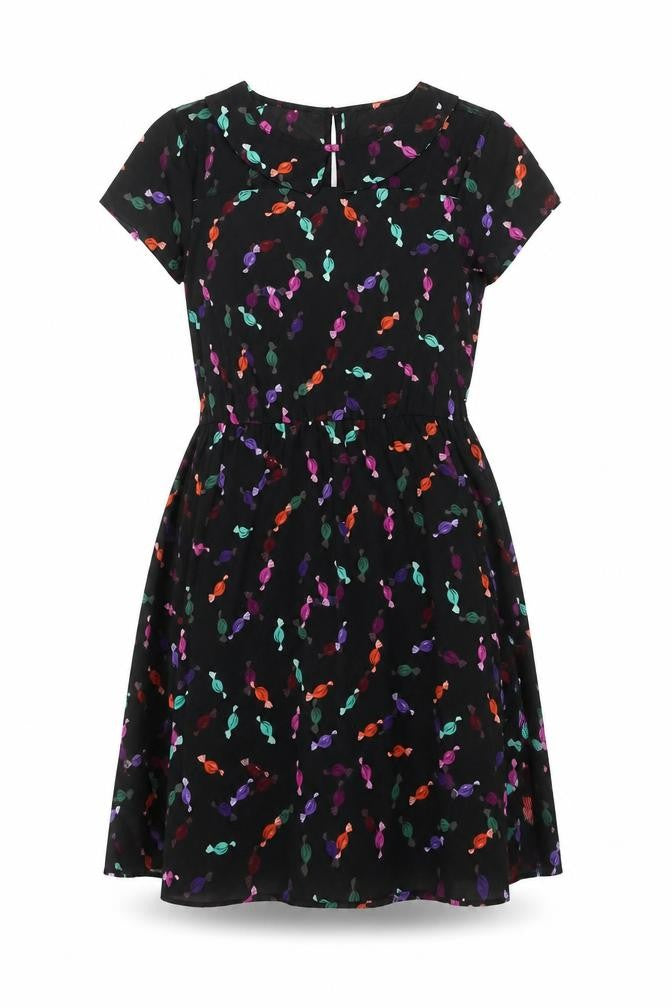 Influence Womens Black Floral Polyester Fit & Flare Size 10 Round Neck Button - Sweet pattern