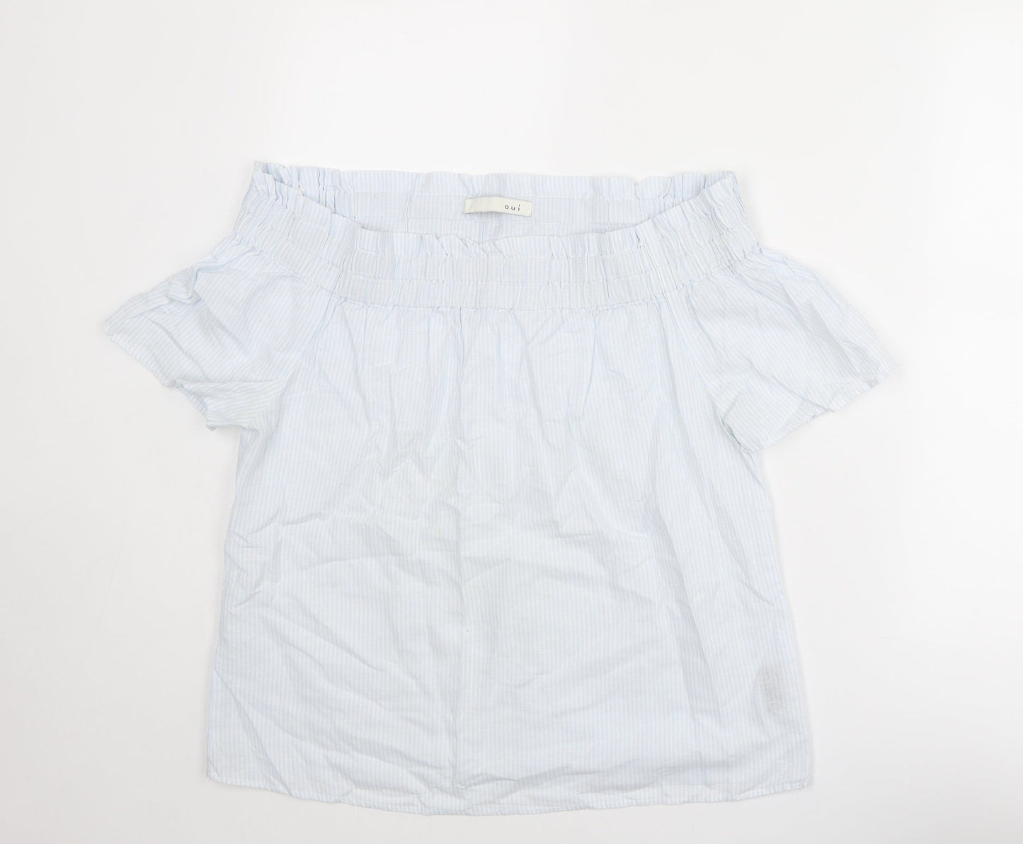 Oui Womens Blue Striped Cotton Basic Blouse Size 10 Off the Shoulder