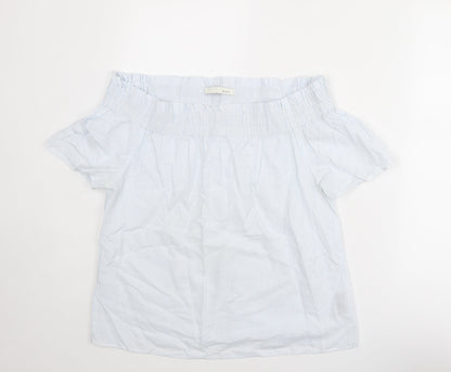 Additional front view of Oui women’s blue striped cotton basic blouse, size UK 10, off the shoulder