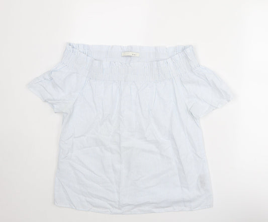 Oui Womens Blue Striped Cotton Basic Blouse Size 10 Off the Shoulder