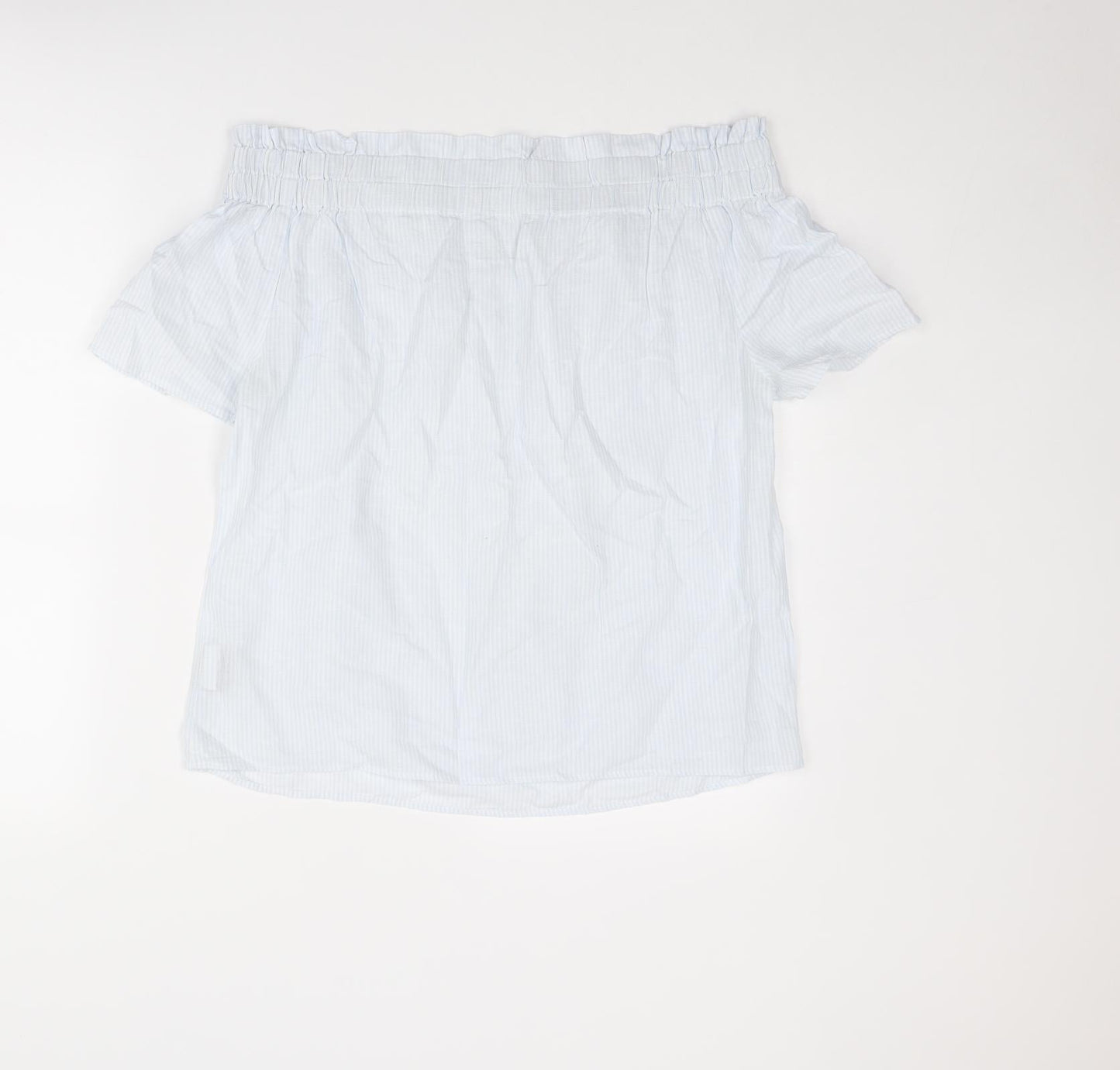 Oui Womens Blue Striped Cotton Basic Blouse Size 10 Off the Shoulder