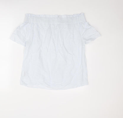 Back view of Oui women’s blue striped cotton basic blouse, size UK 10, off the shoulder
