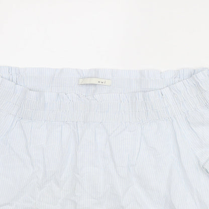 Close-up detail of Oui women’s blue striped cotton basic blouse, size UK 10, off the shoulder