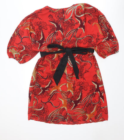 Dorothy Perkins Womens Red Geometric Polyester A-Line Size 12 V-Neck Pullover - Bird pattern