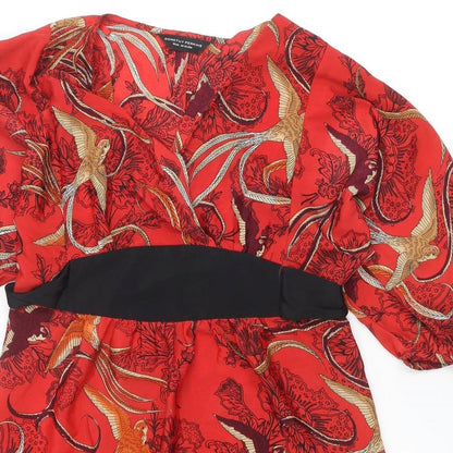 Dorothy Perkins Womens Red Geometric Polyester A-Line Size 12 V-Neck Pullover - Bird pattern