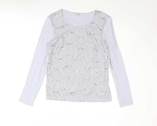 Marks and Spencer Womens Grey Viscose Basic T-Shirt Size 8 Boat Neck - Lace Front