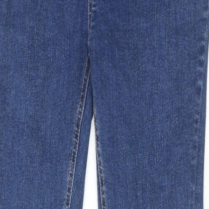 Close-up detail of ASOS women’s blue cotton skinny jeans, size UK 10, regular