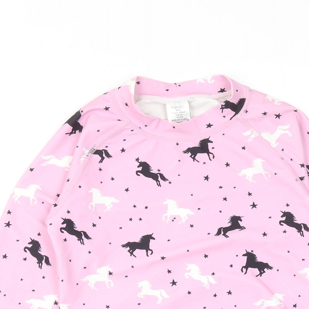 NEXT Girls Pink Geometric Polyester Basic T-Shirt Size 8 Years Mock Neck Pullover - Unicorn Rash Guard