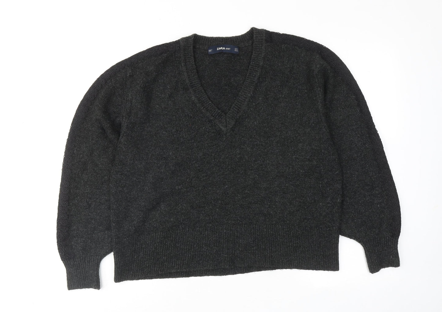 Zara Womens Grey V-Neck Acrylic Pullover Jumper Size S