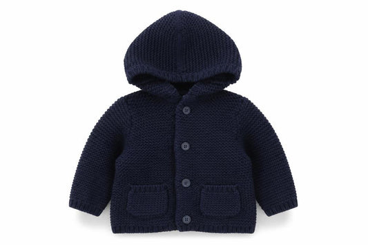 Front view of Gap boys’ blue cotton cardigan jumper, size 3-6, months button