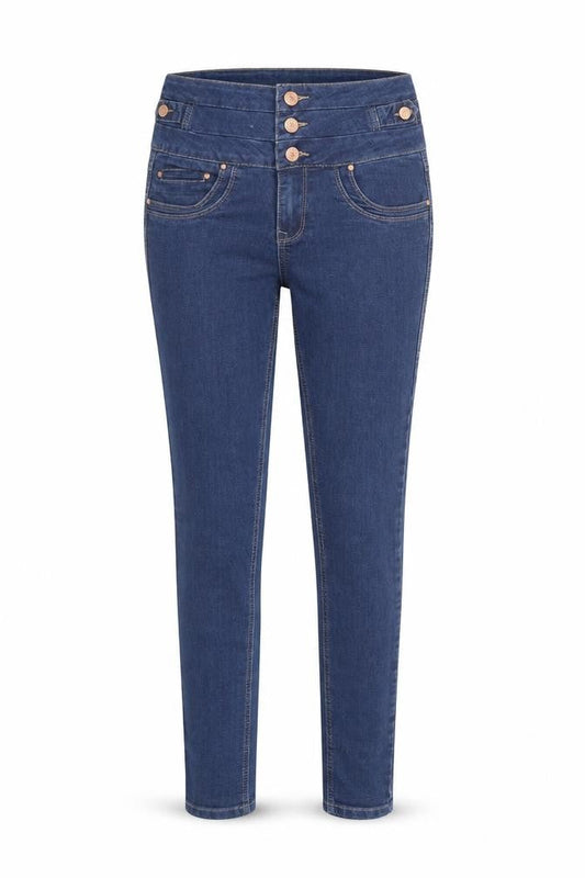 Front view of Denim & Co. women’s blue cotton skinny jeans, size UK 6, regular zip