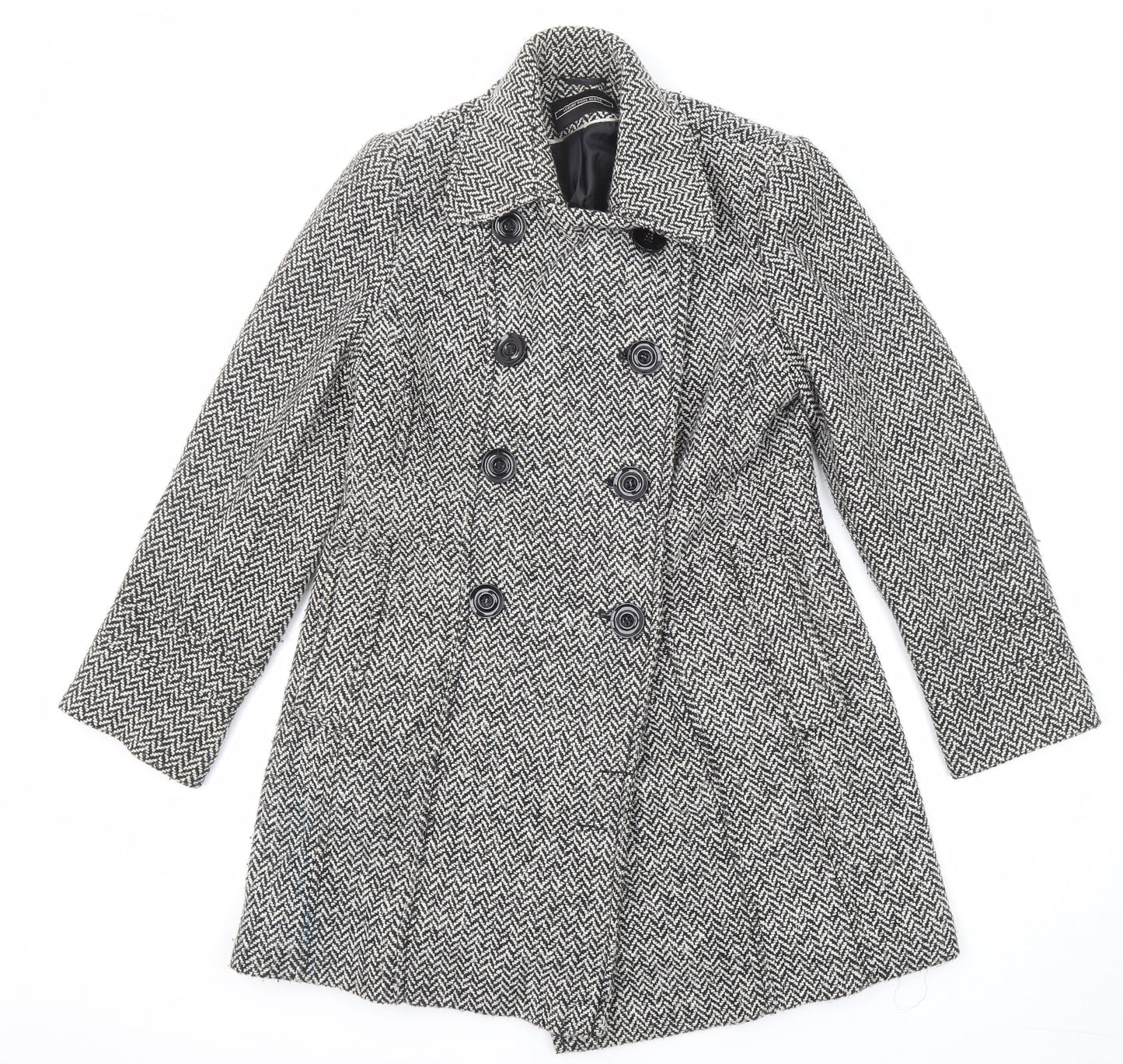 BHS Womens Black Geometric Pea Coat Coat Size 10 Button
