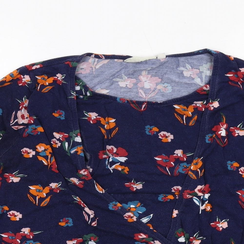 JoJo Maman Bébé Womens Blue Floral Viscose Basic Blouse Size M Round Neck