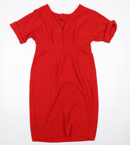 Back view of ASOS women’s red polyester a-line, size UK 12, v-neck zip