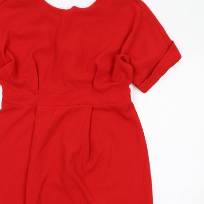 Close-up detail of ASOS women’s red polyester a-line, size UK 12, v-neck zip