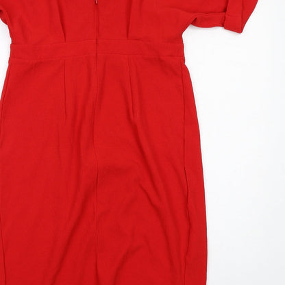 Brand and care label for ASOS women’s red polyester a-line, size UK 12, v-neck zip