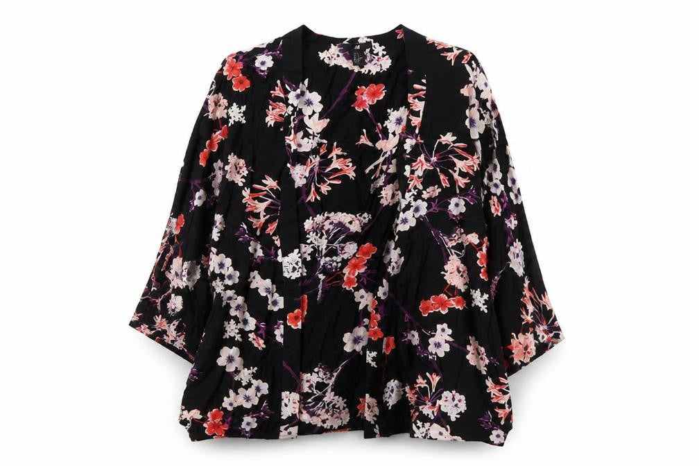 H&M Womens Black Floral Viscose Kimono Blouse Size XS V-Neck