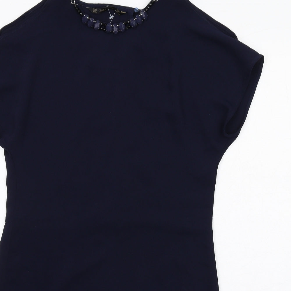 Zara Womens Blue Polyester A-Line Size XS Round Neck Button