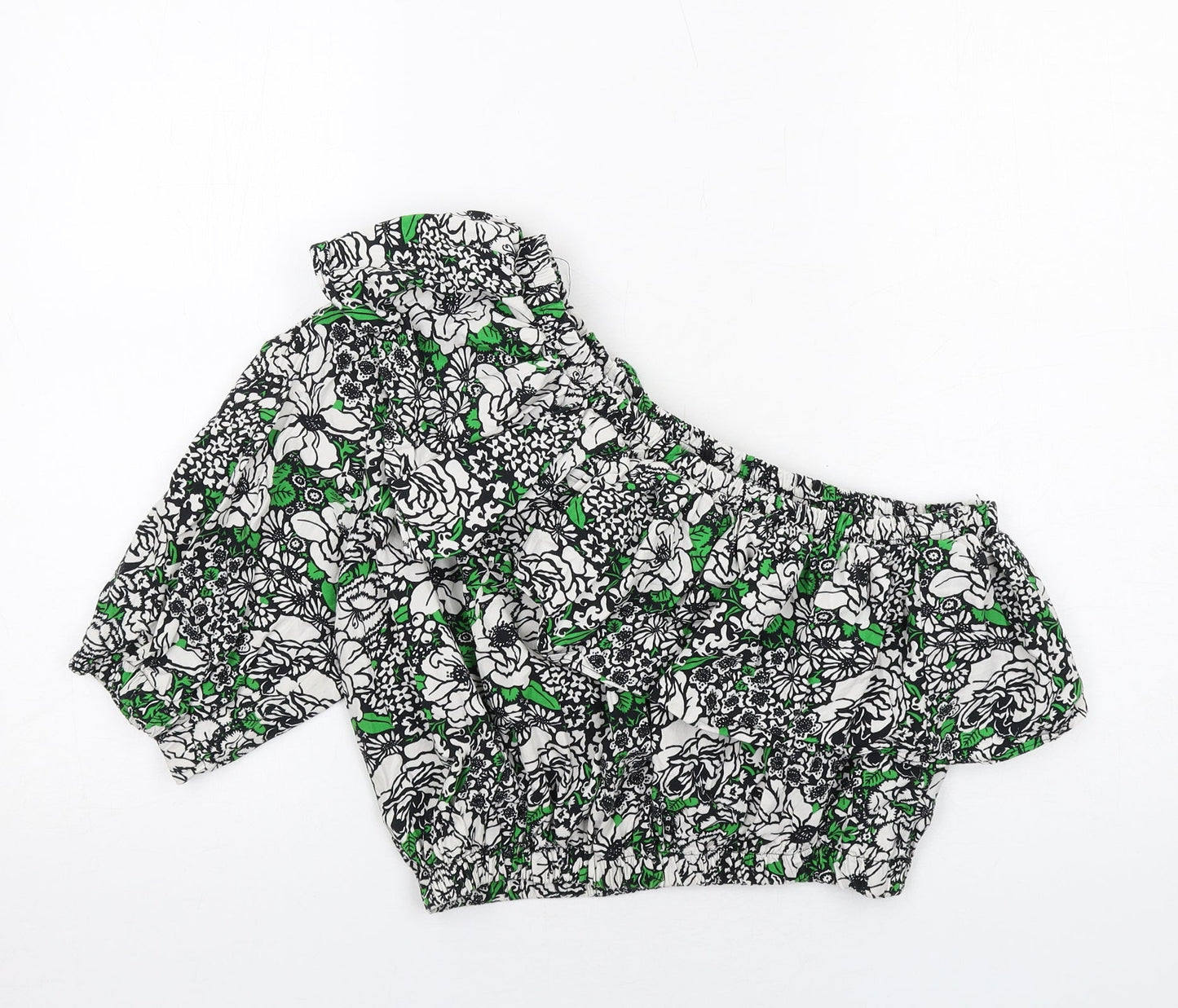 Topshop Womens Green Floral Cotton Cropped Blouse Size 16 One Shoulder