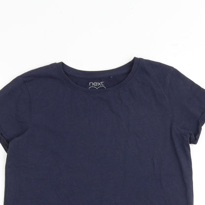 Close-up detail of Next girls’ blue 100% cotton basic t-shirt, size 12, years round neck pullover