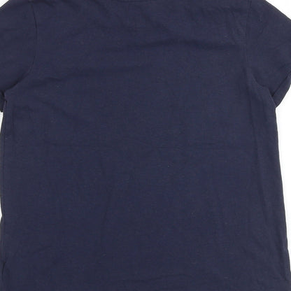 Brand and care label for Next girls’ blue 100% cotton basic t-shirt, size 12, years round neck pullover