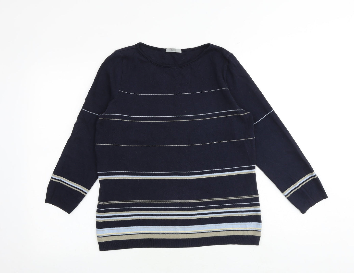 Marks and Spencer Womens Blue Round Neck Striped 100% Cotton Pullover Jumper Size 12