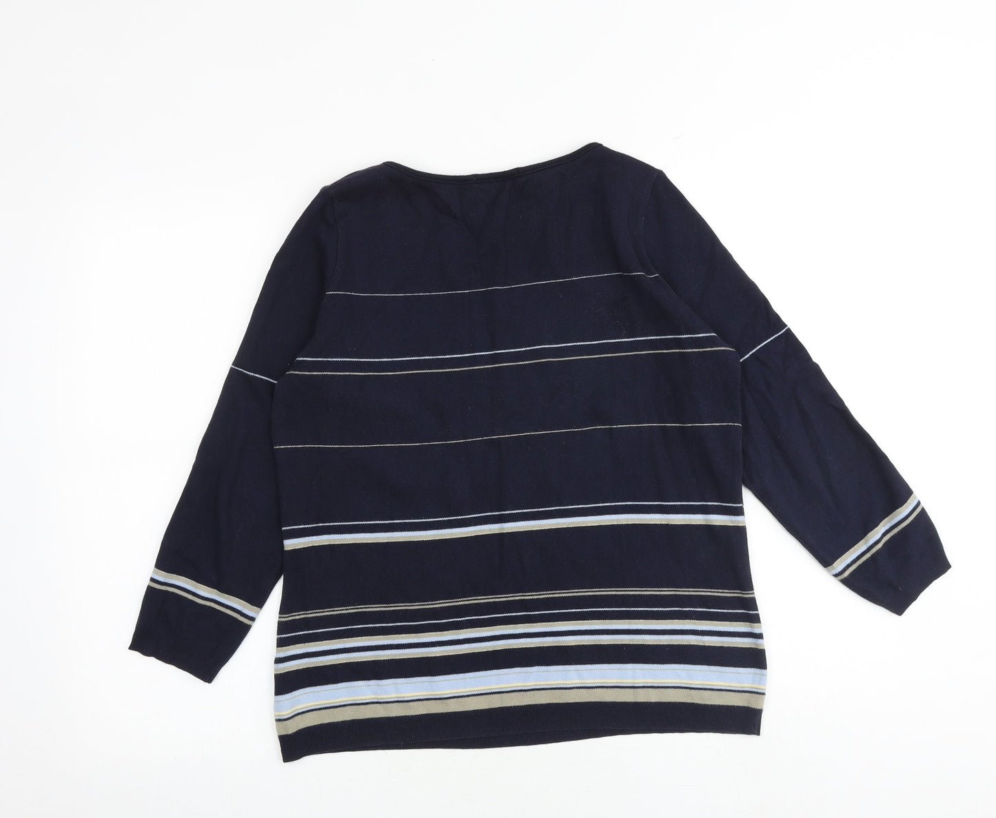 Marks and Spencer Womens Blue Round Neck Striped 100% Cotton Pullover Jumper Size 12