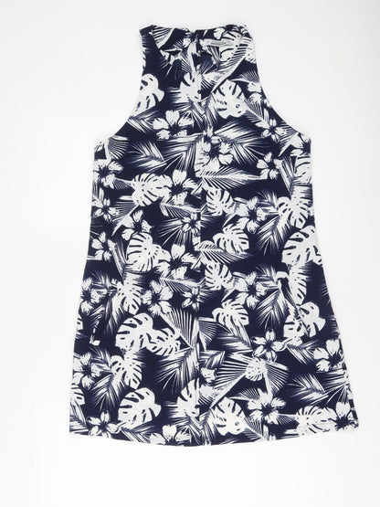 Pull&Bear Womens Blue Floral Polyester Shift Size M Round Neck Zip