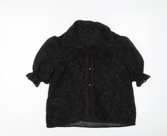 Zara Womens Black Floral Polyester Basic Button-Up Size M Collared
