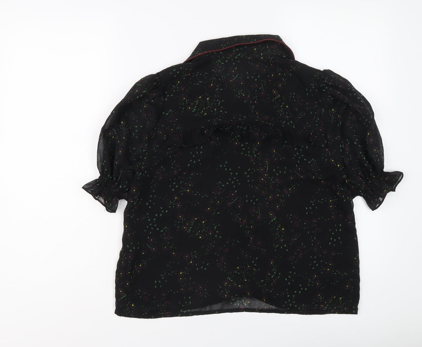 Zara Womens Black Floral Polyester Basic Button-Up Size M Collared