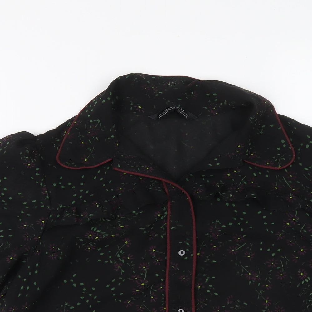 Zara Womens Black Floral Polyester Basic Button-Up Size M Collared