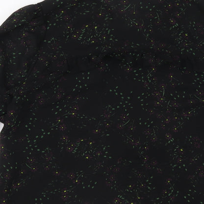Zara Womens Black Floral Polyester Basic Button-Up Size M Collared