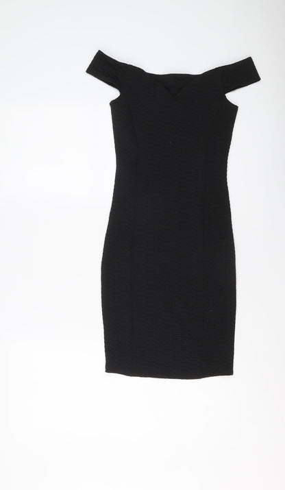 Additional front view of Miss Selfridge women’s black polyester bodycon, size UK 6, off the shoulder pullover