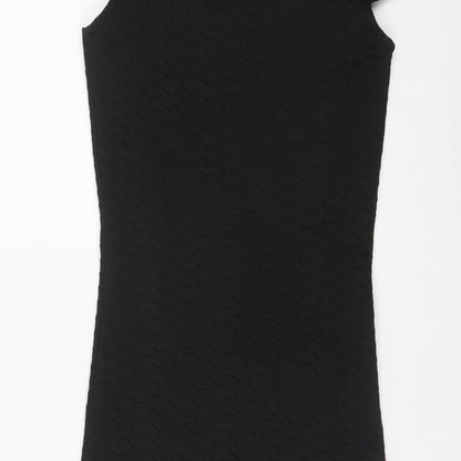 Brand and care label for Miss Selfridge women’s black polyester bodycon, size UK 6, off the shoulder pullover