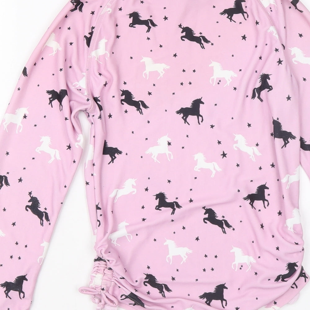 NEXT Girls Pink Floral Polyester Basic T-Shirt Size 9 Years Mock Neck Pullover - Unicorn Pattern