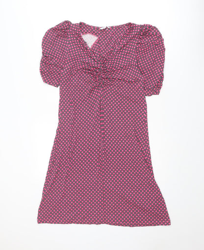 Next Womens Pink Geometric Viscose Shift Size 10 V-Neck Pullover - Puff Sleeve