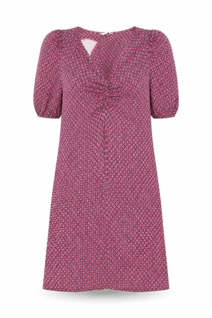 Next Womens Pink Geometric Viscose Shift Size 10 V-Neck Pullover - Puff Sleeve
