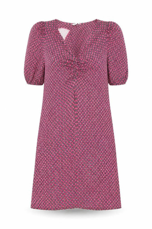 Next Womens Pink Geometric Viscose Shift Size 10 V-Neck Pullover - Puff Sleeve