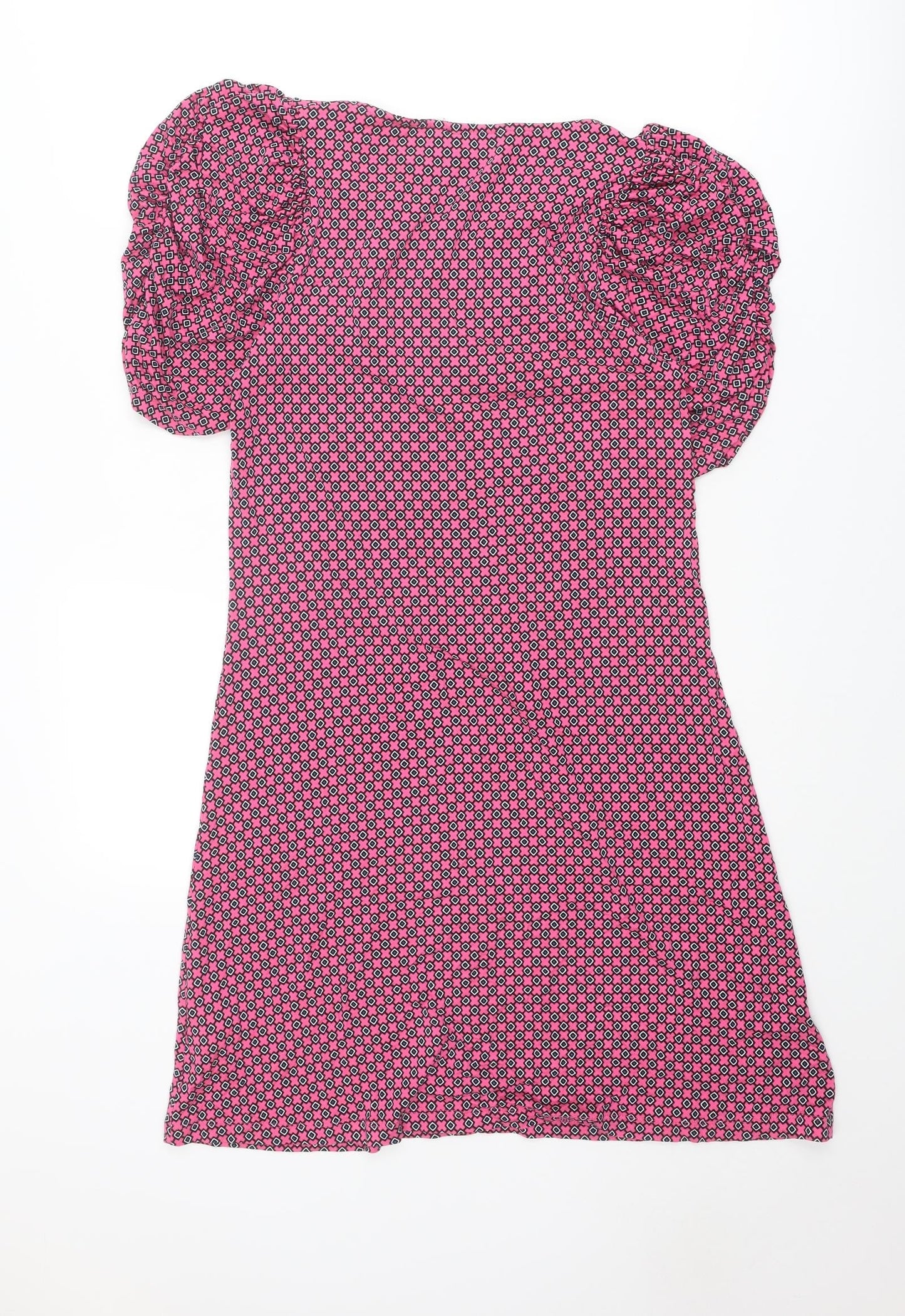 NEXT Womens Pink Geometric Viscose Shift Size 10 V-Neck Pullover - Puff Sleeve
