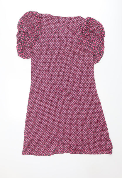 Next Womens Pink Geometric Viscose Shift Size 10 V-Neck Pullover - Puff Sleeve