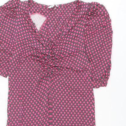 Next Womens Pink Geometric Viscose Shift Size 10 V-Neck Pullover - Puff Sleeve